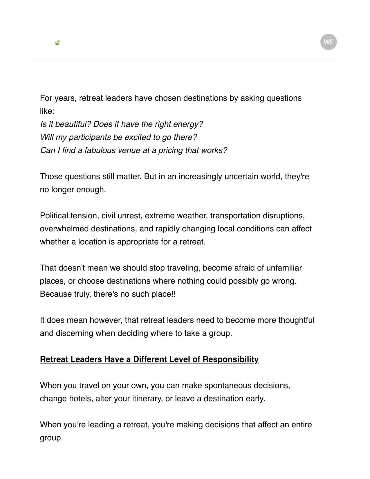Wanderlust Entrepreneur editorial email: How to Choose a Retreat Destination in an Uncertain World