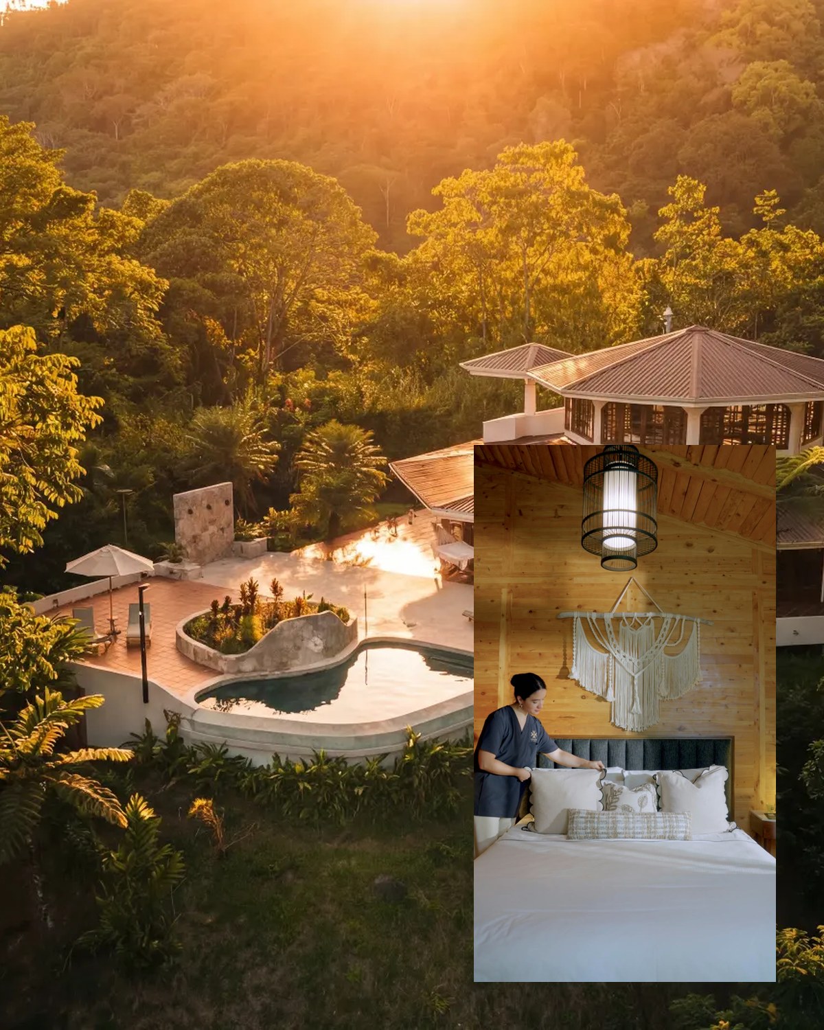 Imiloa villa at sunset paired with a still from the Reset Room reel